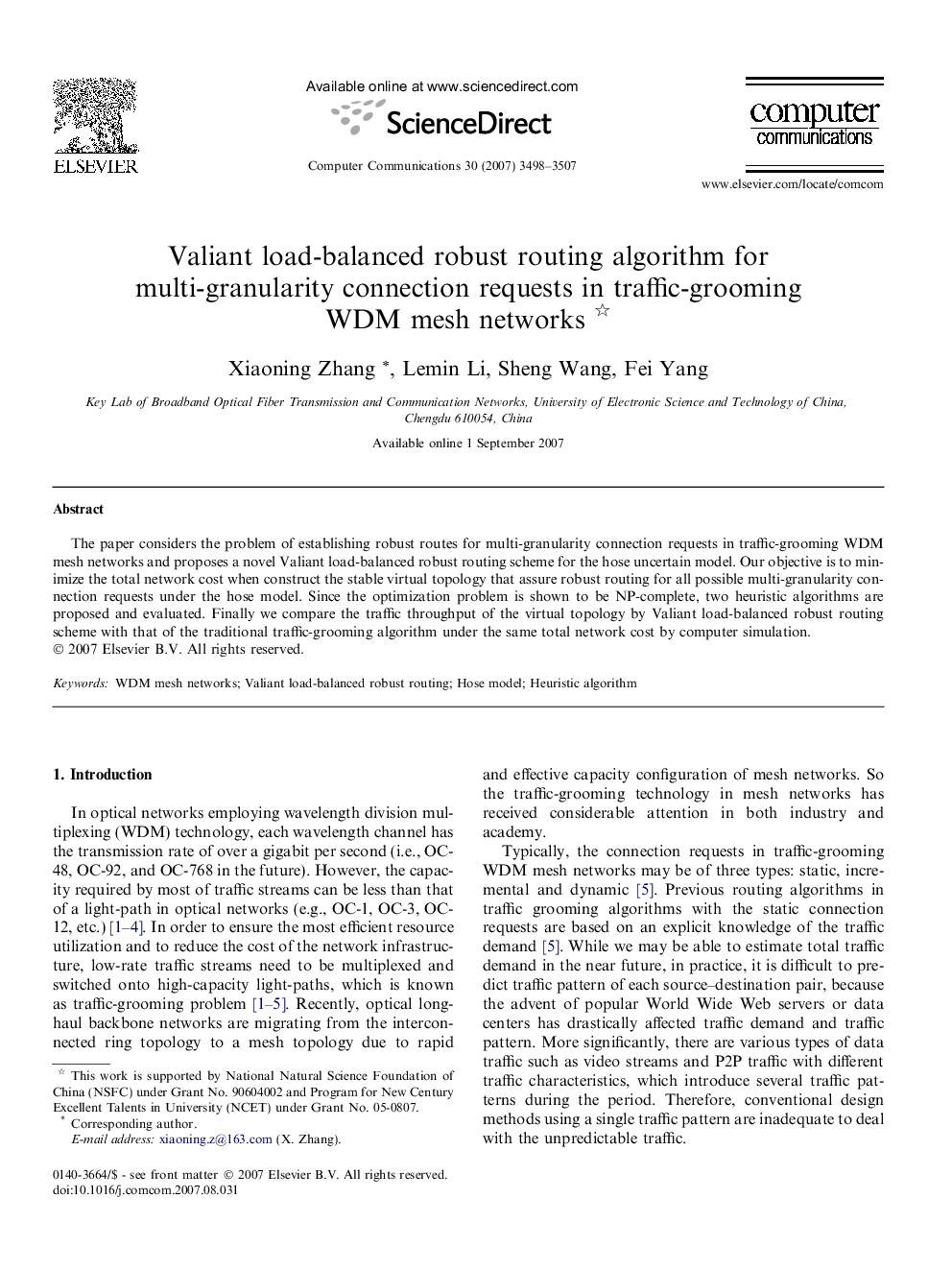Valiant load-balanced robust routing algorithm for multi-granularity connection requests in traffic-grooming WDM mesh networks 
