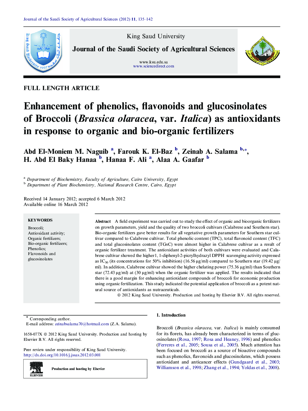 Enhancement of phenolics, flavonoids and glucosinolates of Broccoli (Brassica olaracea, var. Italica) as antioxidants in response to organic and bio-organic fertilizers