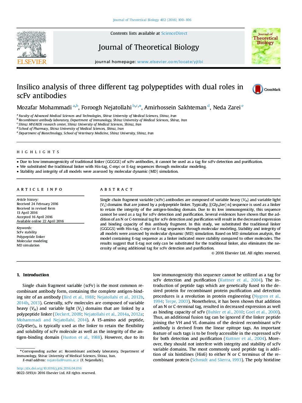 Insilico analysis of three different tag polypeptides with dual roles in scFv antibodies