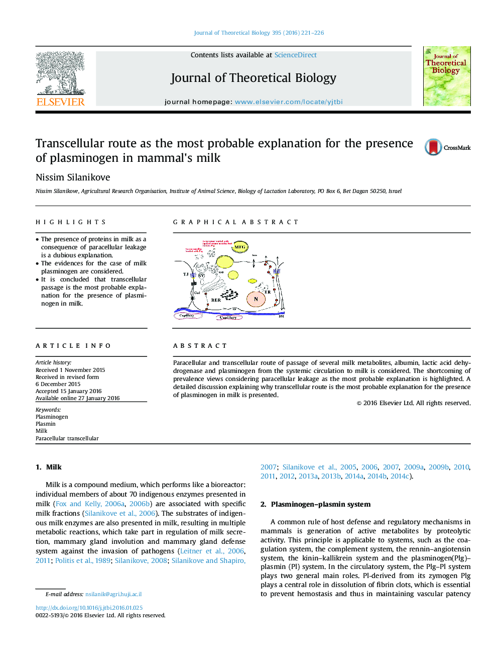 Transcellular route as the most probable explanation for the presence of plasminogen in mammal׳s milk