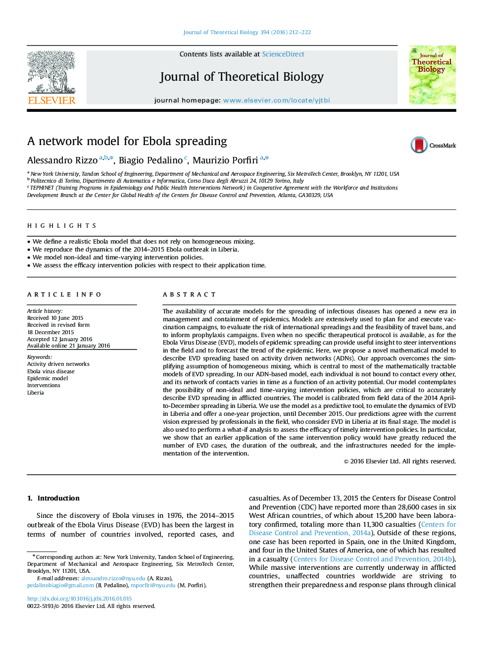 A network model for Ebola spreading