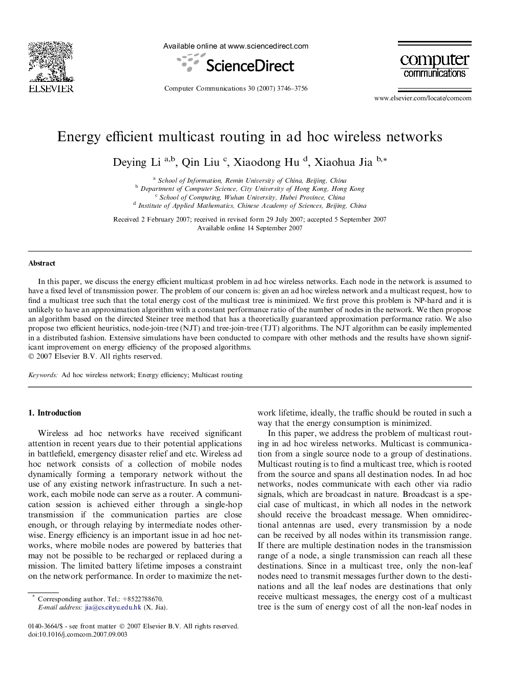 Energy efficient multicast routing in ad hoc wireless networks