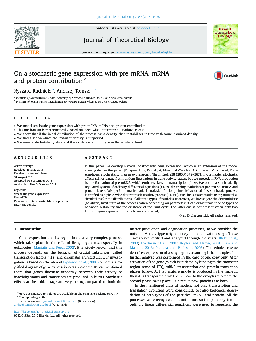 On a stochastic gene expression with pre-mRNA, mRNA and protein contribution 