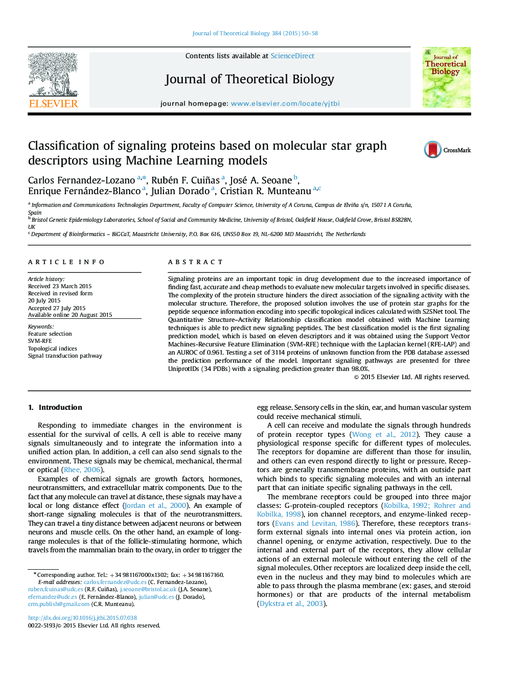 Classification of signaling proteins based on molecular star graph descriptors using Machine Learning models