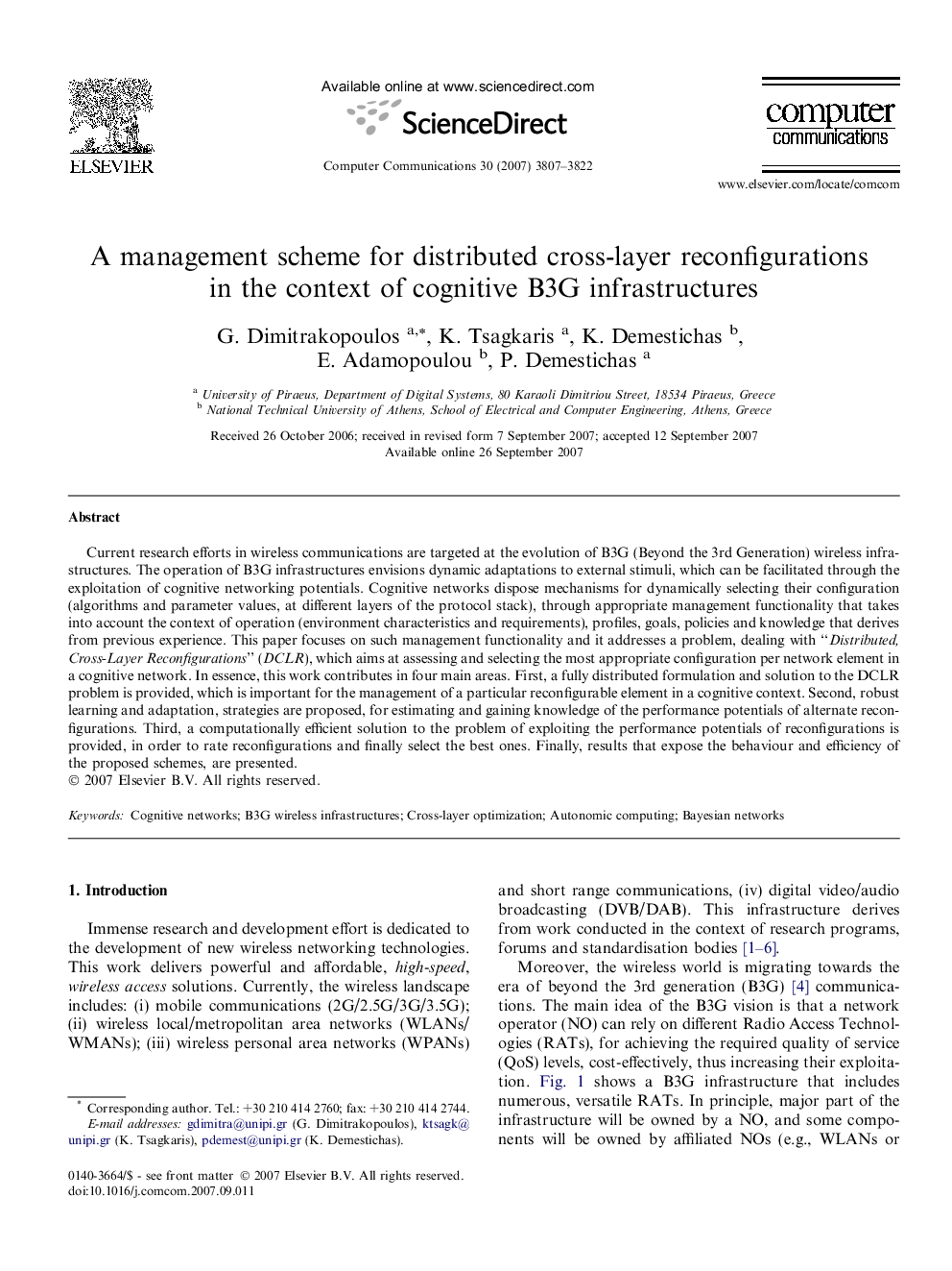 A management scheme for distributed cross-layer reconfigurations in the context of cognitive B3G infrastructures