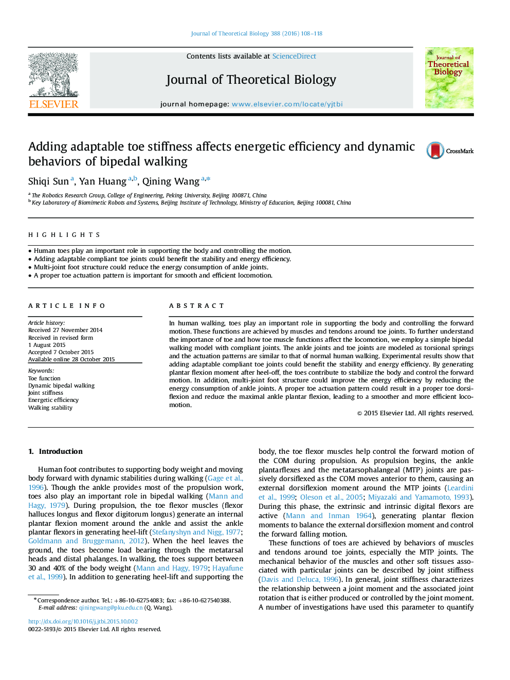 Adding adaptable toe stiffness affects energetic efficiency and dynamic behaviors of bipedal walking