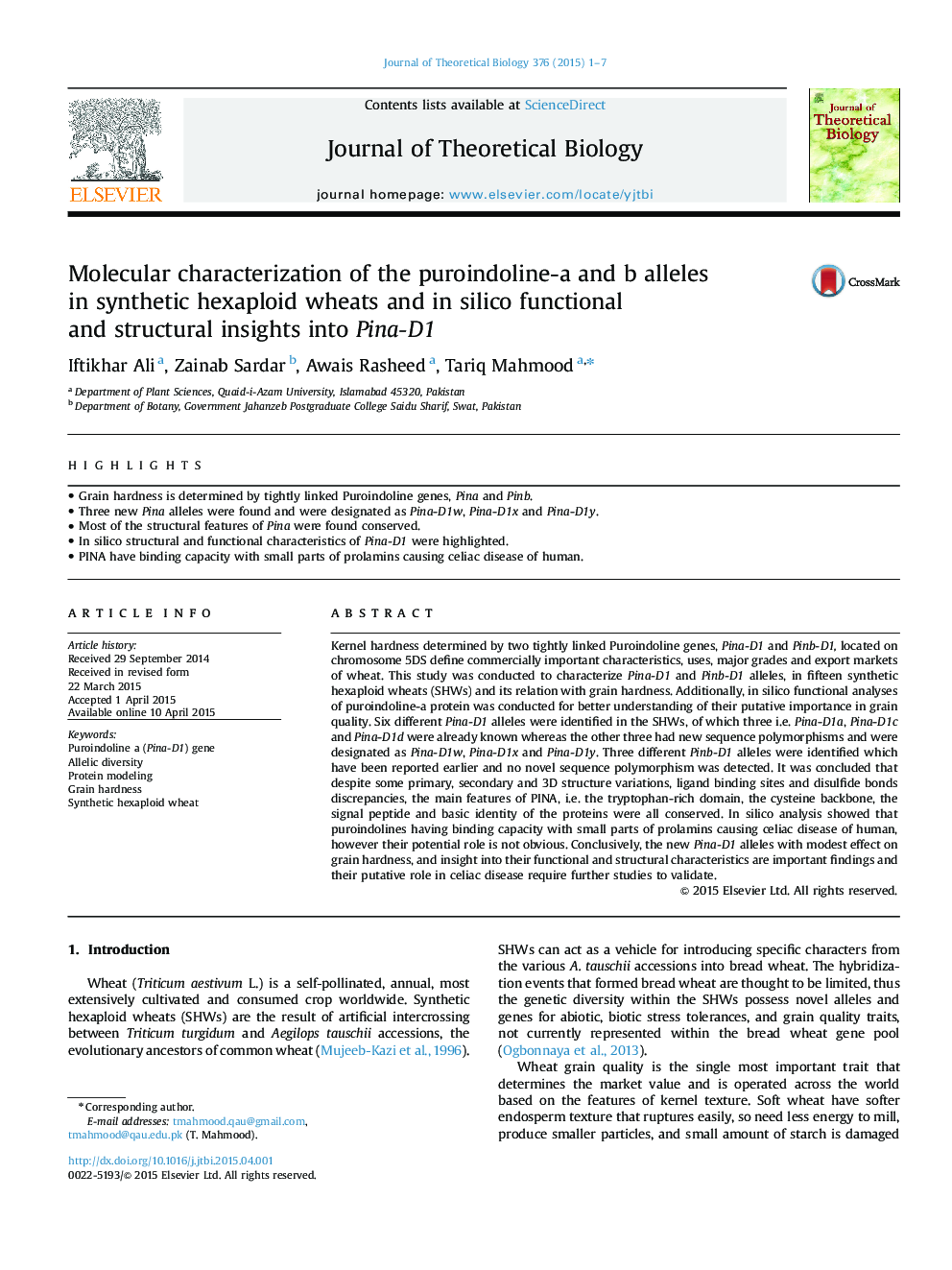 Molecular characterization of the puroindoline-a and b alleles in synthetic hexaploid wheats and in silico functional and structural insights into Pina-D1