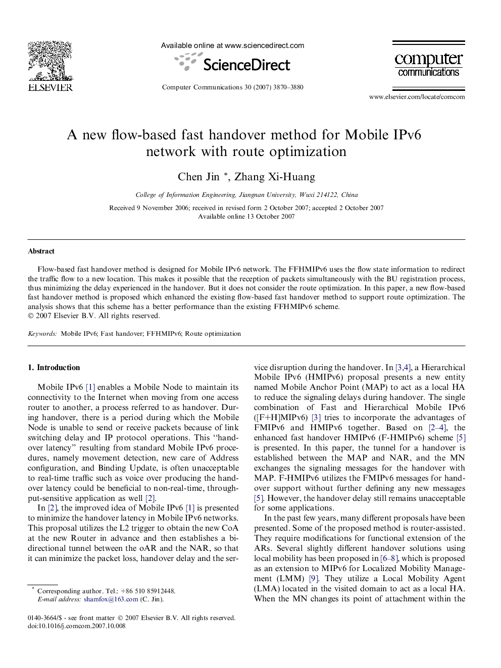 A new flow-based fast handover method for Mobile IPv6 network with route optimization