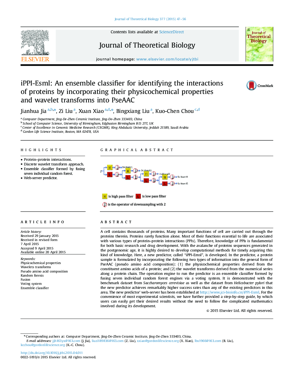 iPPI-Esml: An ensemble classifier for identifying the interactions of proteins by incorporating their physicochemical properties and wavelet transforms into PseAAC