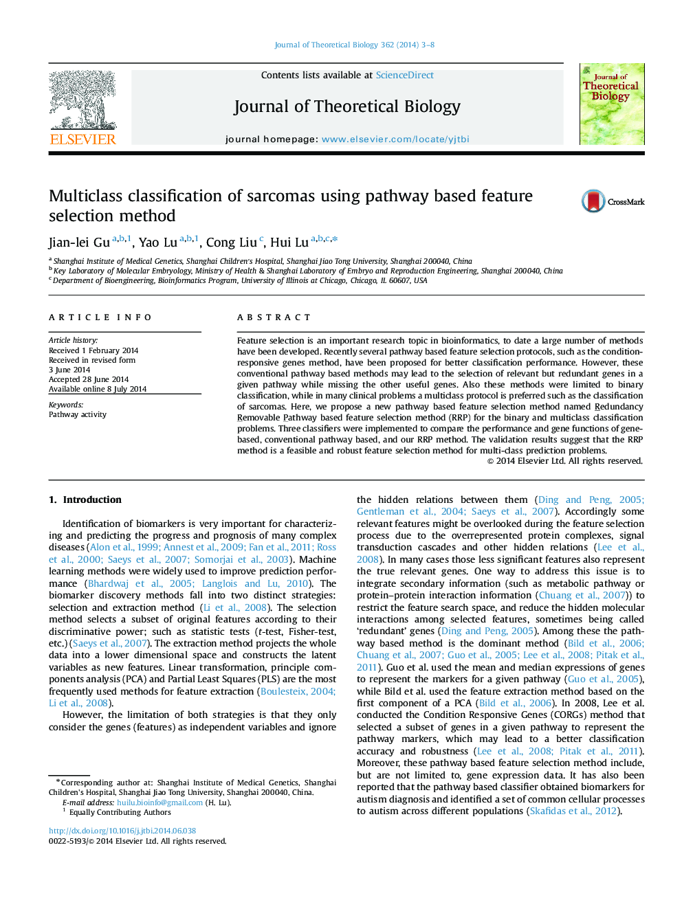 Multiclass classification of sarcomas using pathway based feature selection method