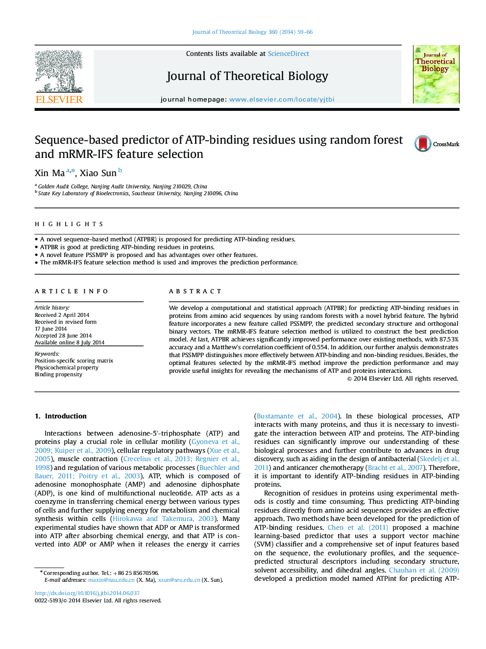 Sequence-based predictor of ATP-binding residues using random forest and mRMR-IFS feature selection