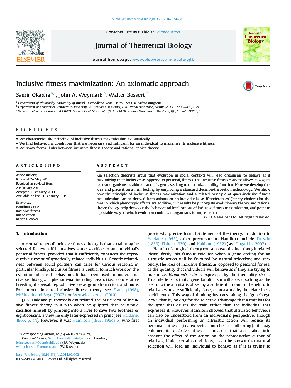 Inclusive fitness maximization: An axiomatic approach