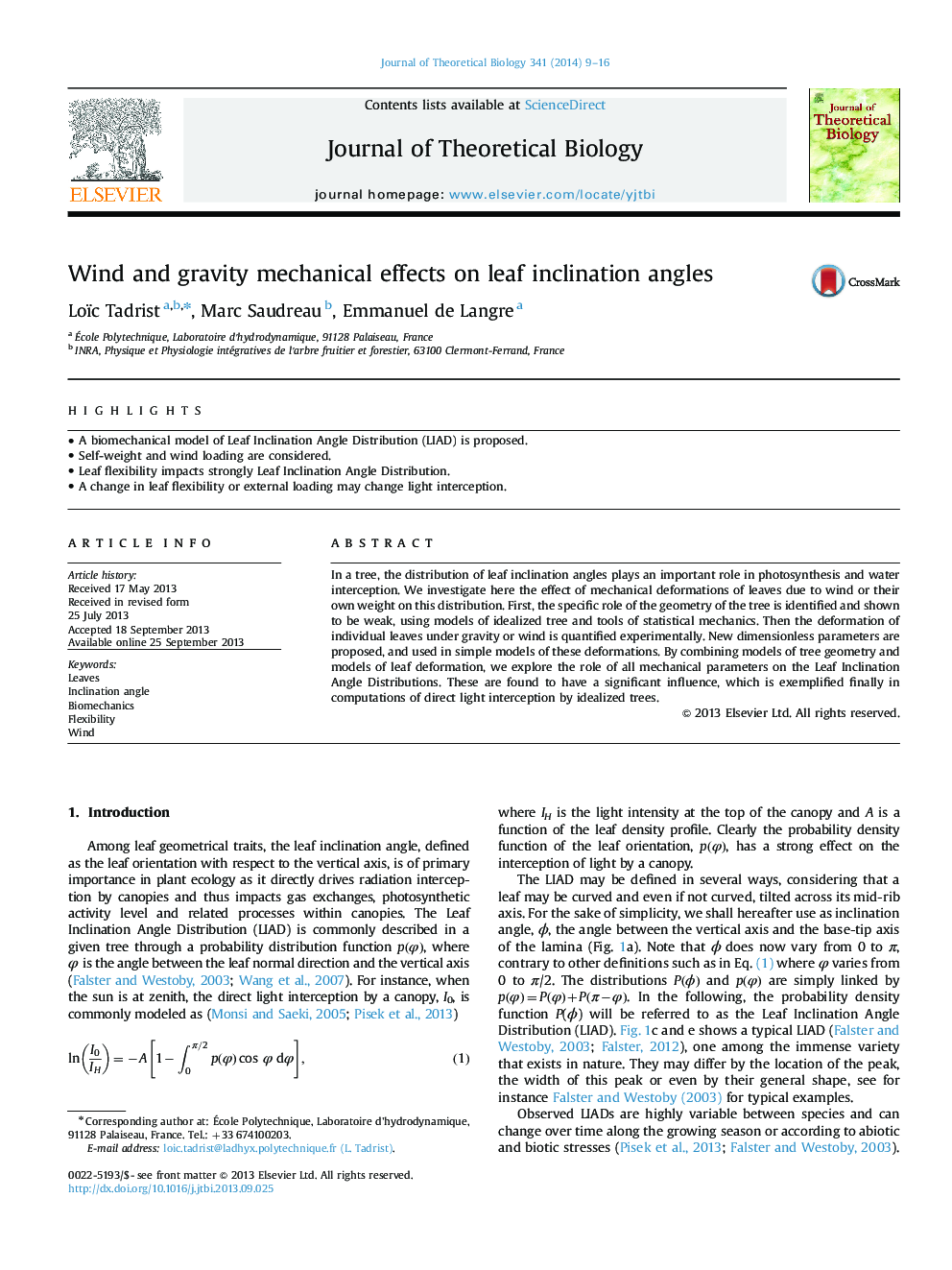 Wind and gravity mechanical effects on leaf inclination angles