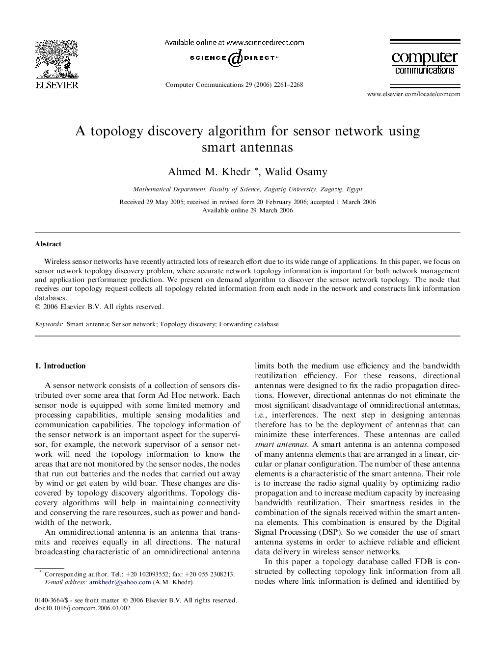 A topology discovery algorithm for sensor network using smart antennas