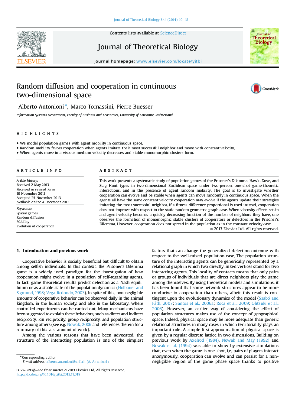 Random diffusion and cooperation in continuous two-dimensional space