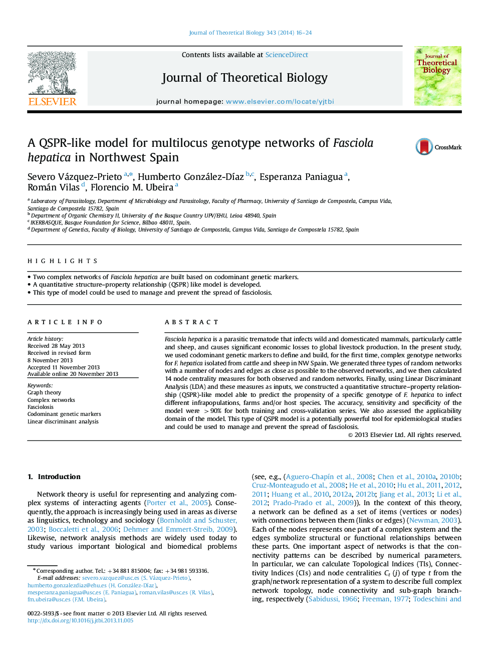 A QSPR-like model for multilocus genotype networks of Fasciola hepatica in Northwest Spain