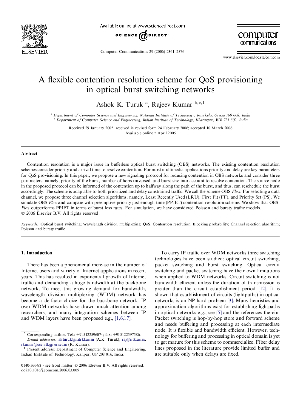 A flexible contention resolution scheme for QoS provisioning in optical burst switching networks