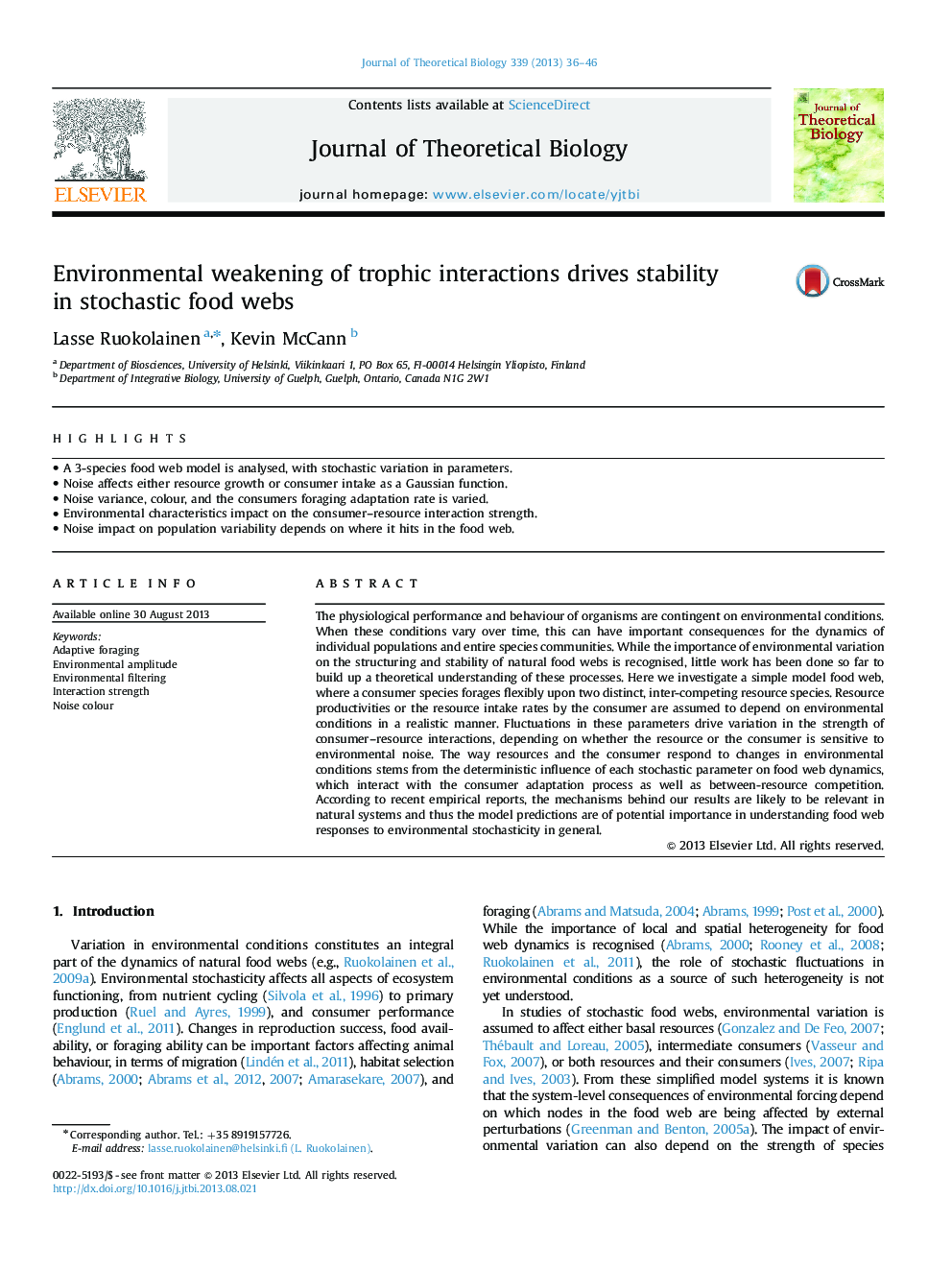 عکس صفحه اول مقاله: Environmental weakening of trophic interactions drives stability in stochastic food webs Environmental weakening of trophic interactions drives stability in stochastic food webs