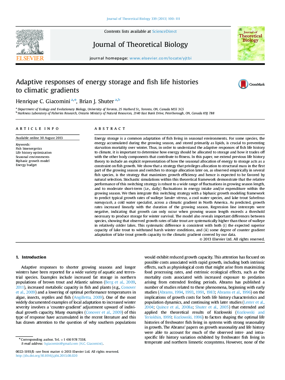 Adaptive responses of energy storage and fish life histories to climatic gradients