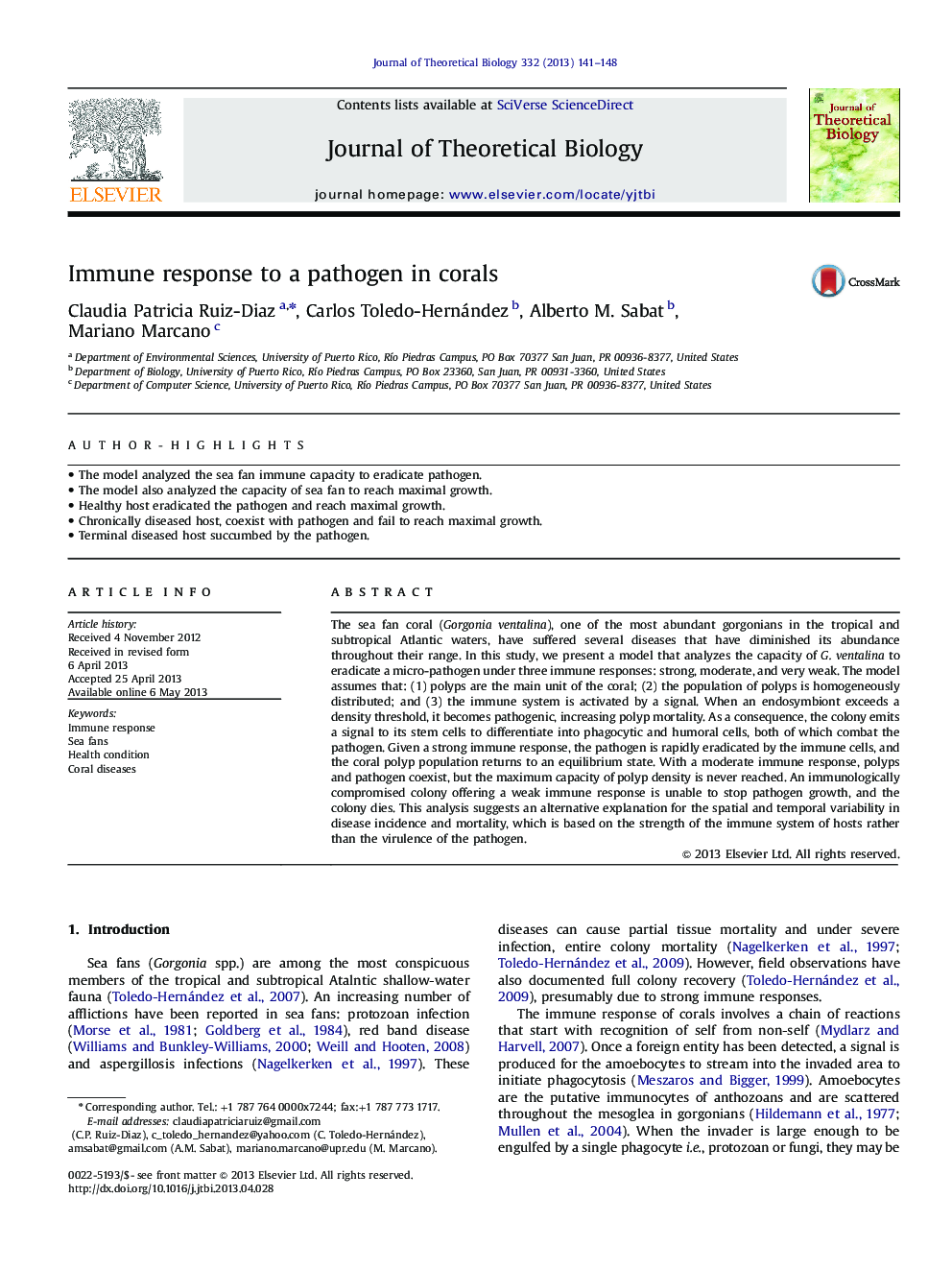 Immune response to a pathogen in corals