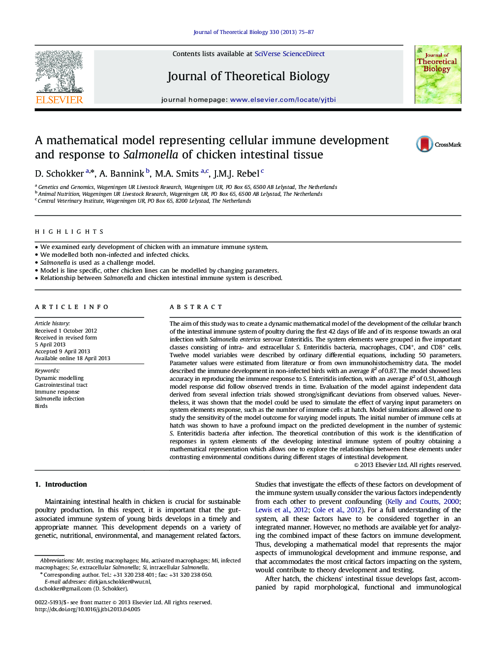 A mathematical model representing cellular immune development and response to Salmonella of chicken intestinal tissue