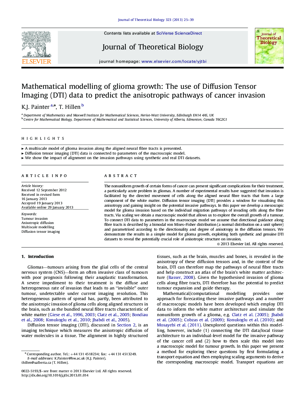 Mathematical modelling of glioma growth: The use of Diffusion Tensor Imaging (DTI) data to predict the anisotropic pathways of cancer invasion