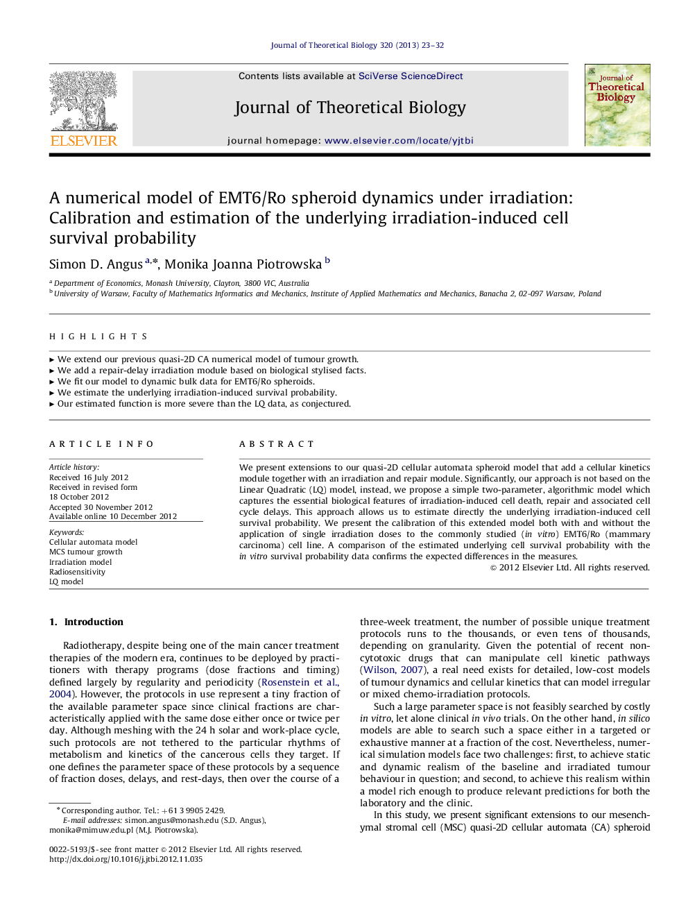 A numerical model of EMT6/Ro spheroid dynamics under irradiation: Calibration and estimation of the underlying irradiation-induced cell survival probability