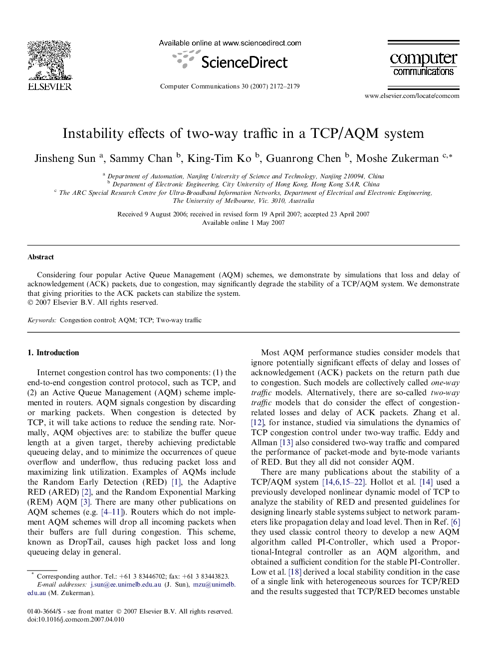 Instability effects of two-way traffic in a TCP/AQM system