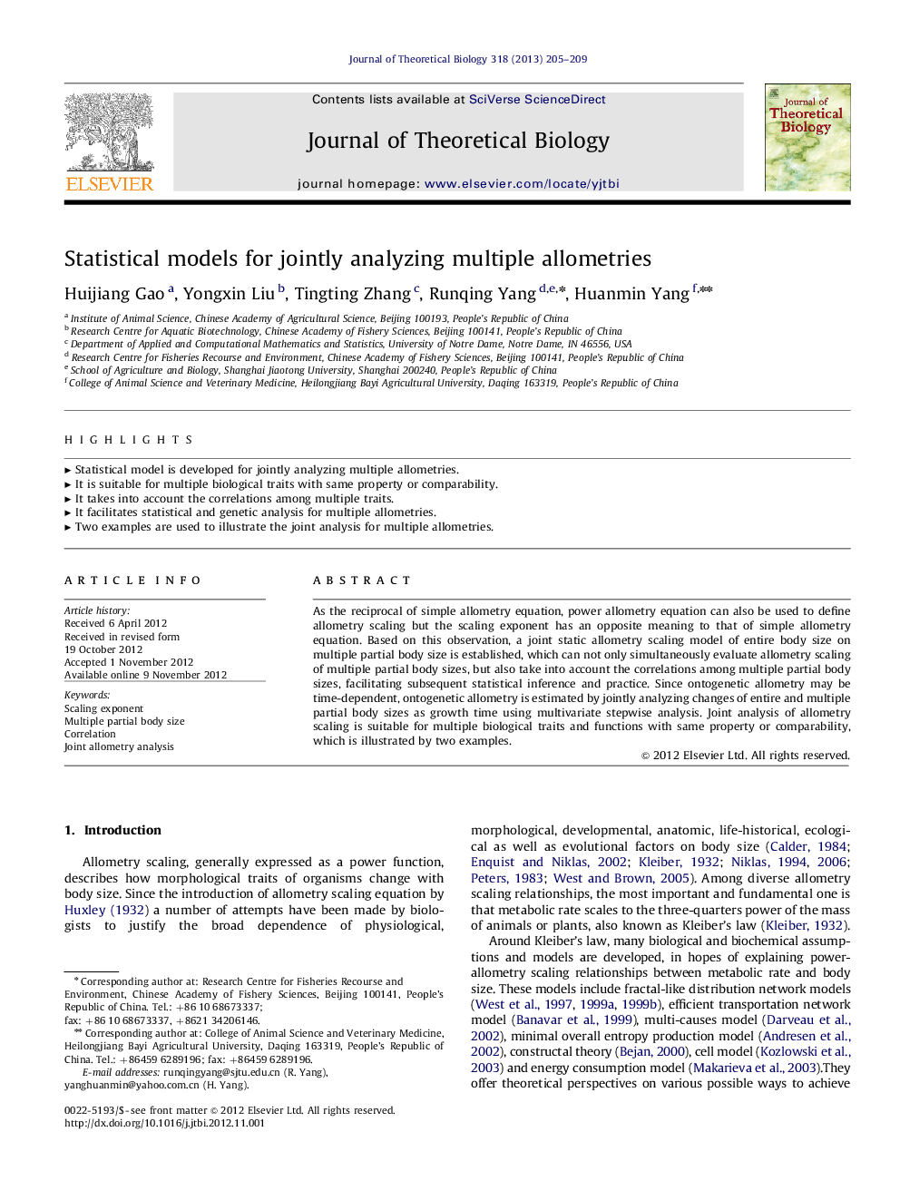 Statistical models for jointly analyzing multiple allometries