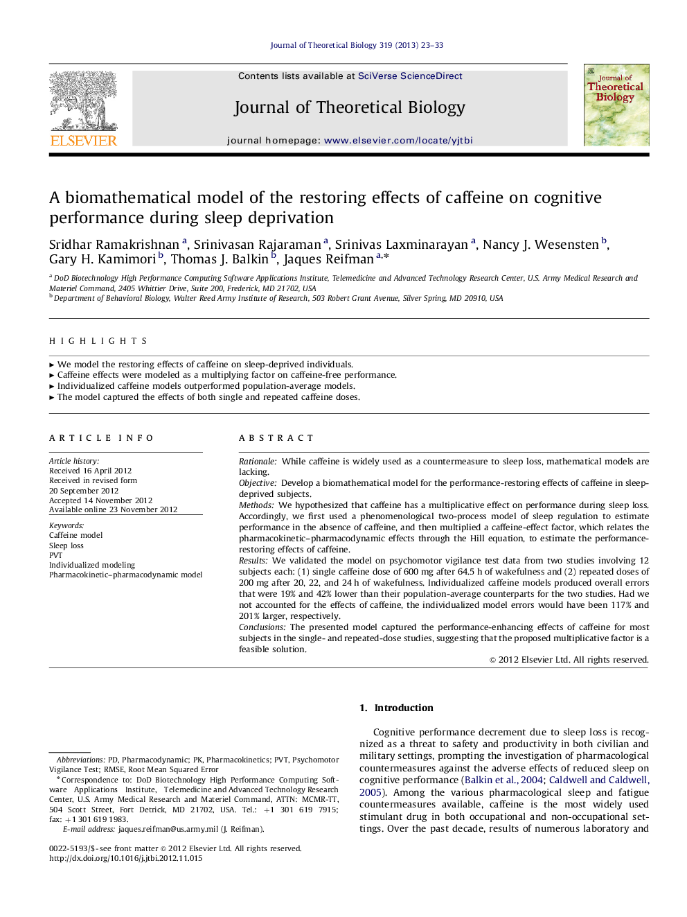 A biomathematical model of the restoring effects of caffeine on cognitive performance during sleep deprivation