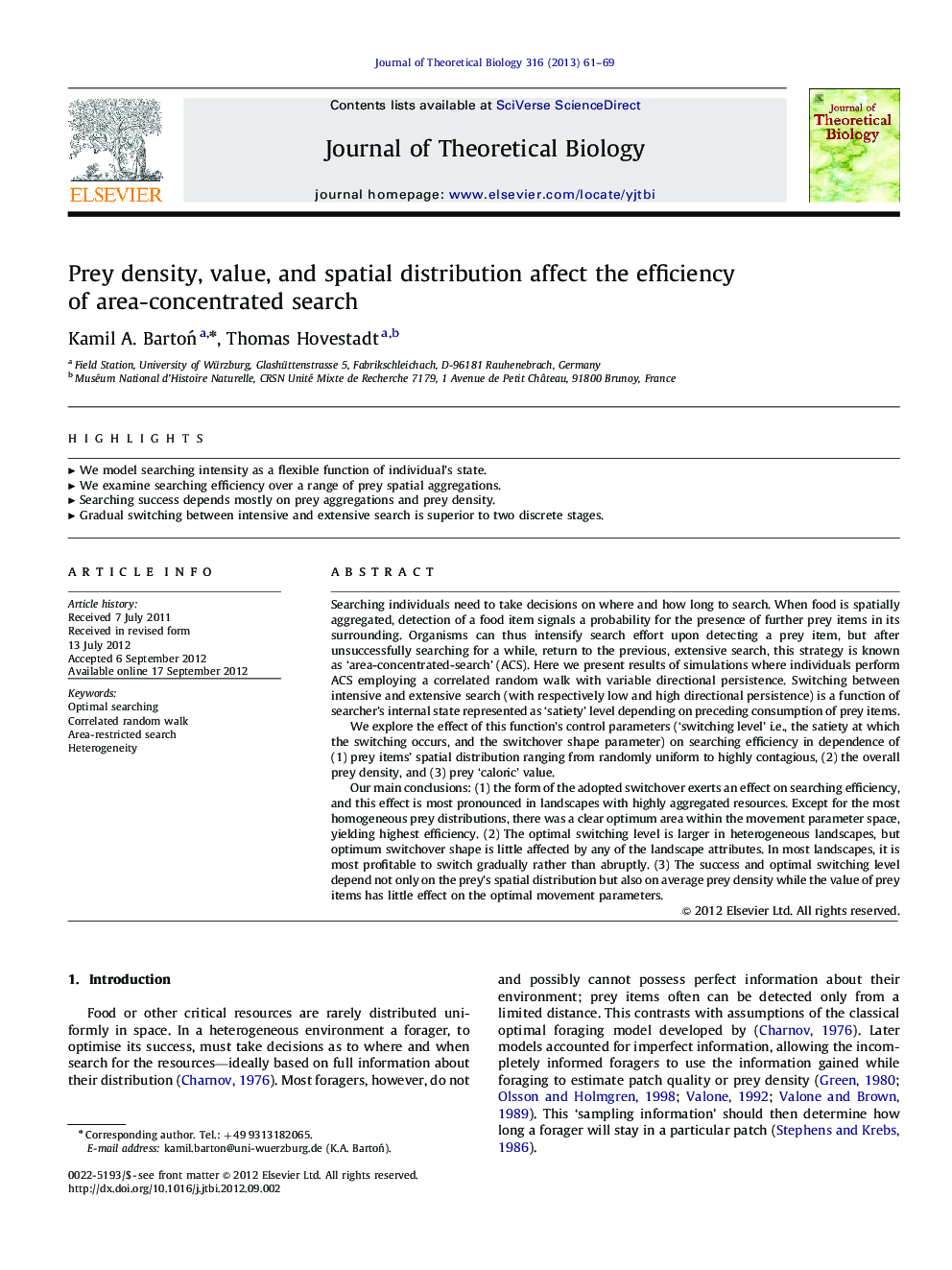 Prey density, value, and spatial distribution affect the efficiency of area-concentrated search