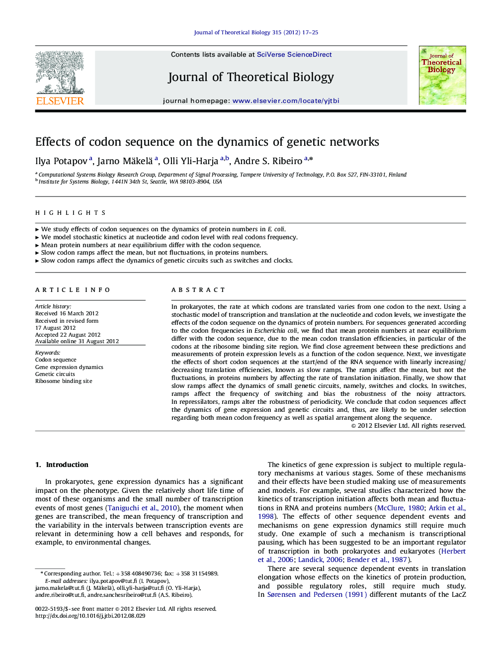 عکس صفحه اول مقاله: Effects of codon sequence on the dynamics of genetic networks Effects of codon sequence on the dynamics of genetic networks