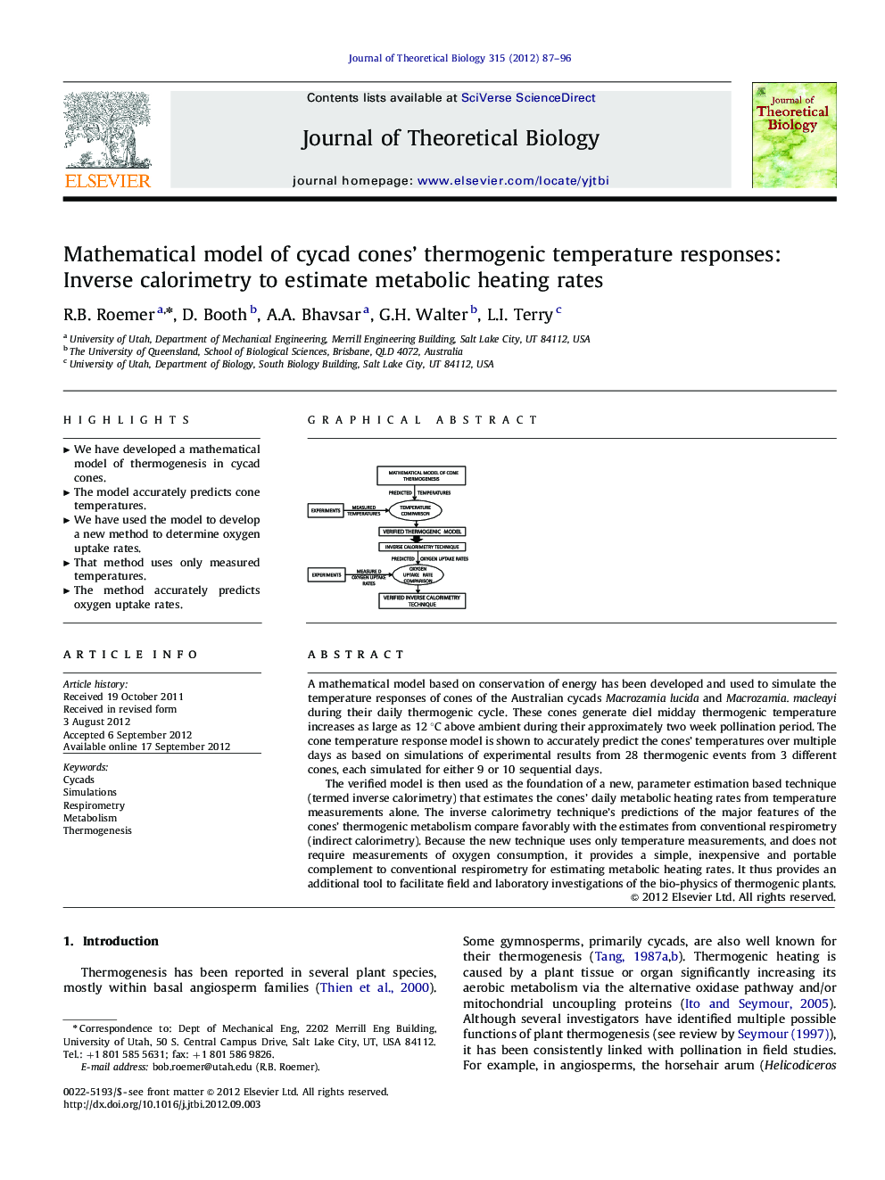 Mathematical model of cycad cones’ thermogenic temperature responses: Inverse calorimetry to estimate metabolic heating rates