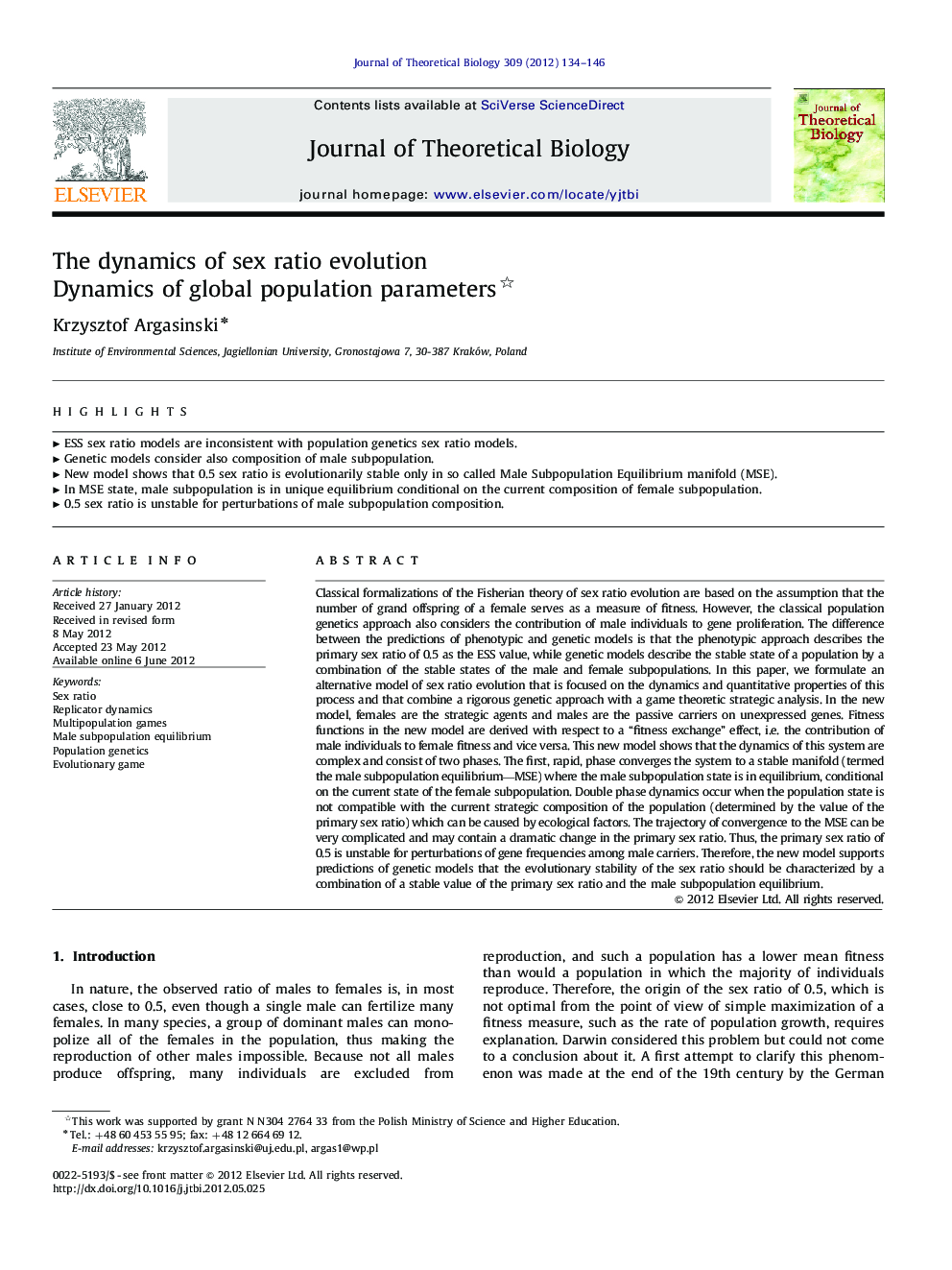 The dynamics of sex ratio evolution Dynamics of global population parameters 