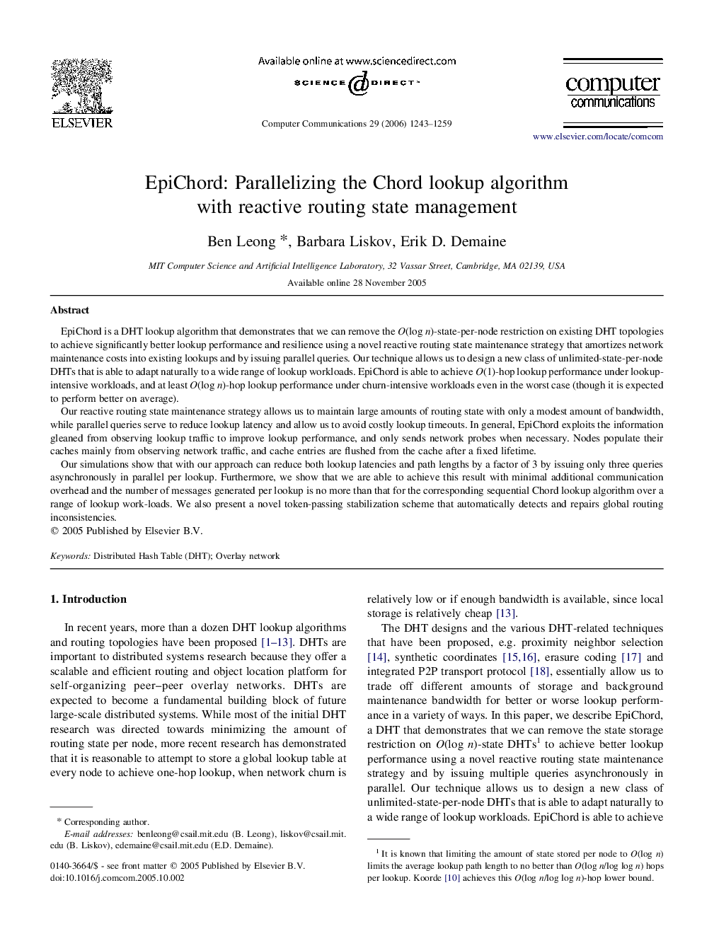 EpiChord: Parallelizing the Chord lookup algorithm with reactive routing state management