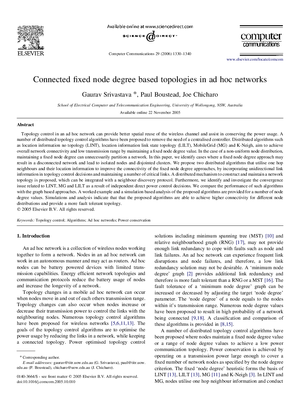 Connected fixed node degree based topologies in ad hoc networks