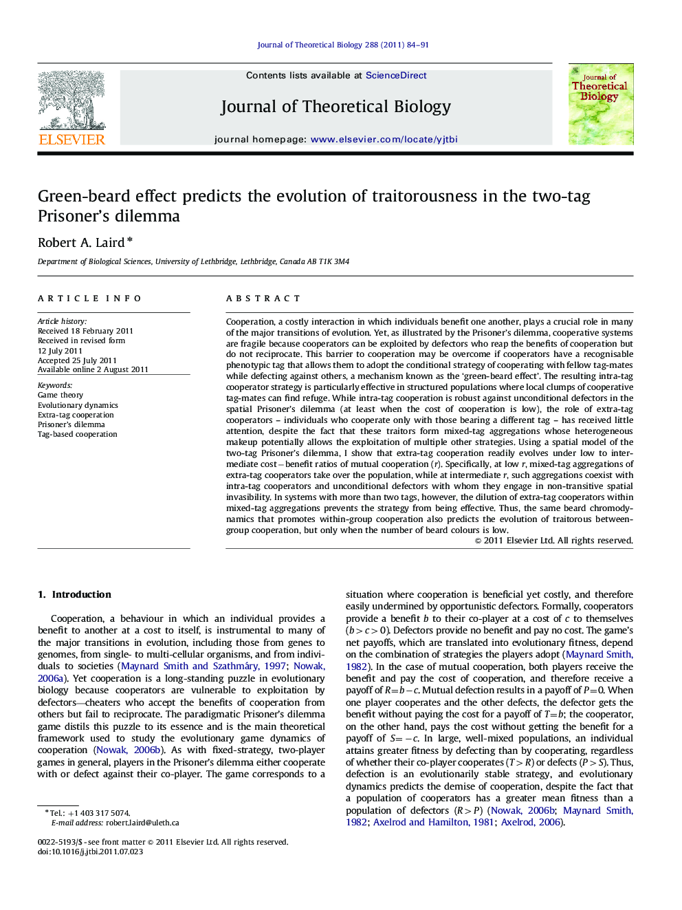 Green-beard effect predicts the evolution of traitorousness in the two-tag Prisoner's dilemma