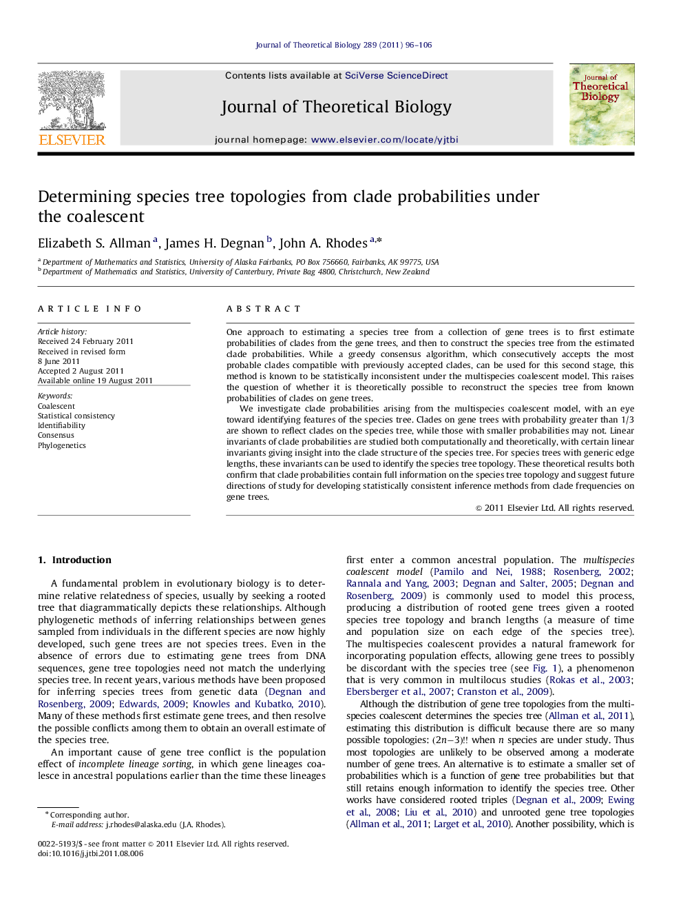 Determining species tree topologies from clade probabilities under the coalescent