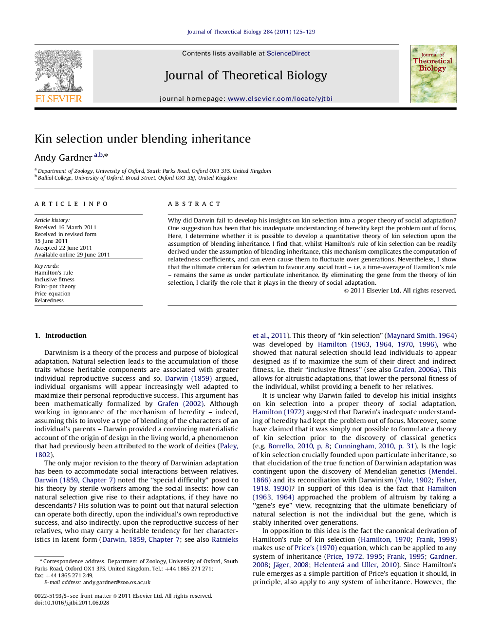 Kin selection under blending inheritance