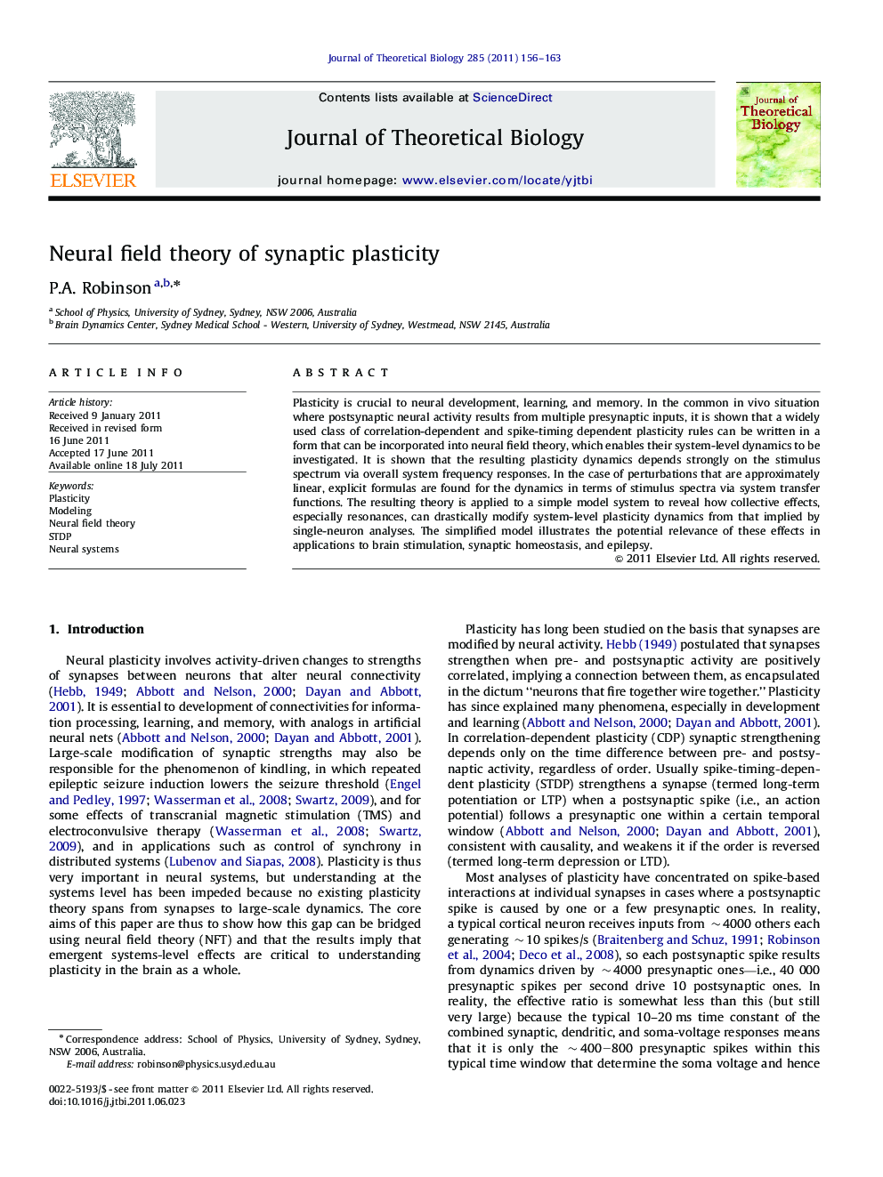 Neural field theory of synaptic plasticity