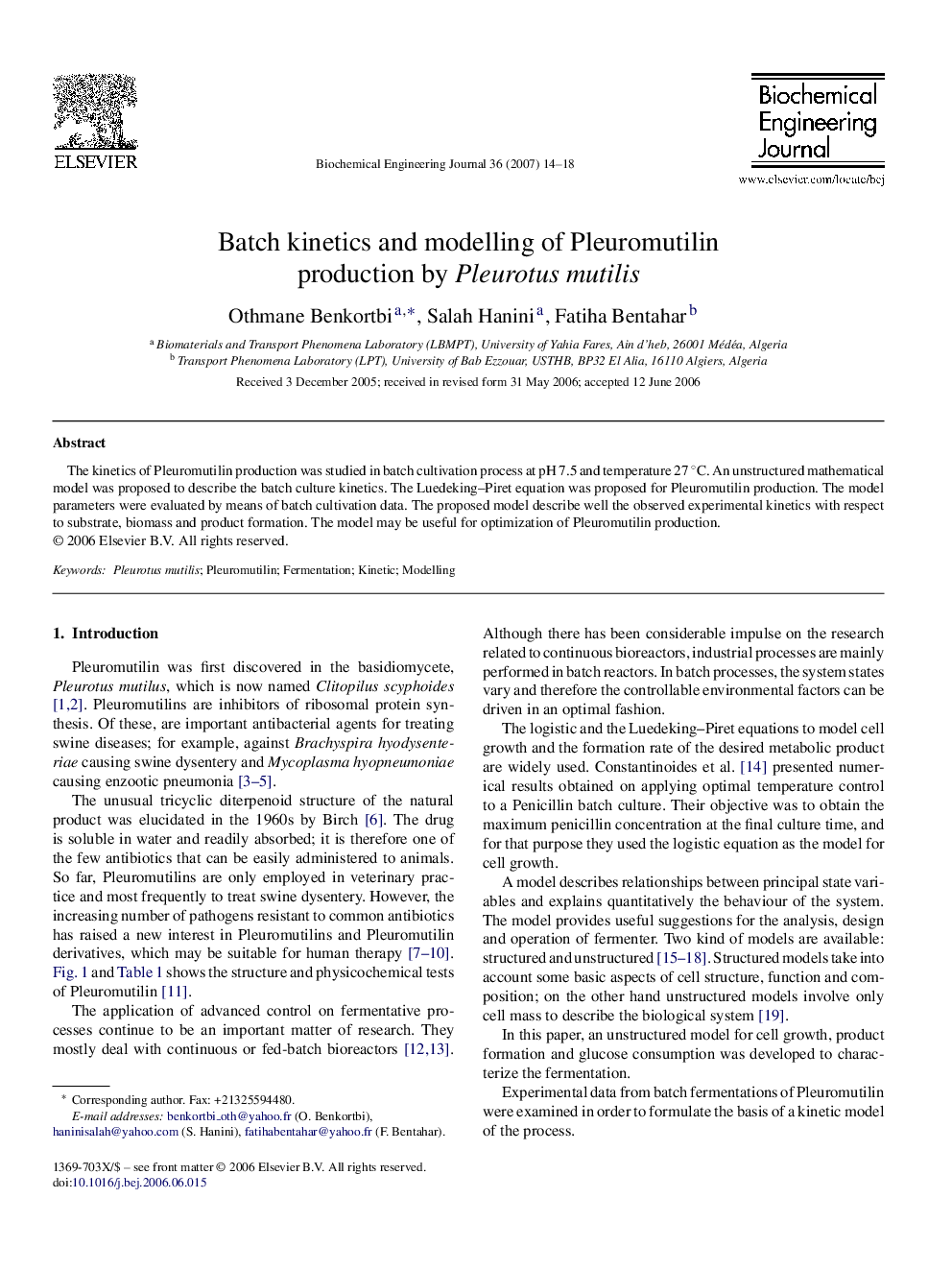 Batch kinetics and modelling of Pleuromutilin production by Pleurotus mutilis