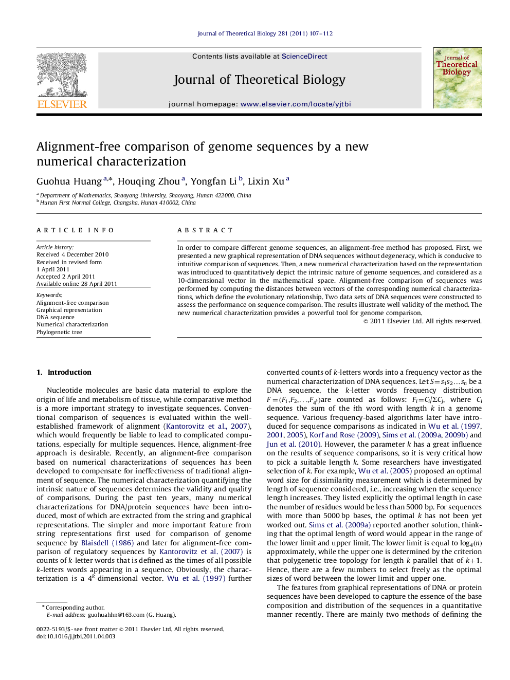 Alignment-free comparison of genome sequences by a new numerical characterization