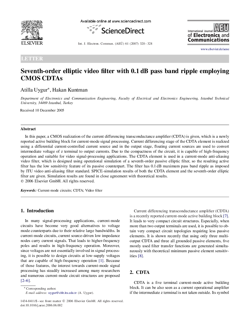 Seventh-order elliptic video filter with 0.1 dB pass band ripple employing CMOS CDTAs