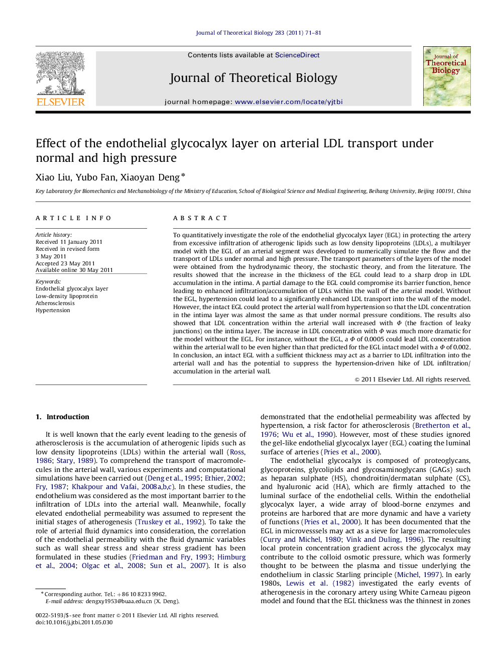Effect of the endothelial glycocalyx layer on arterial LDL transport under normal and high pressure