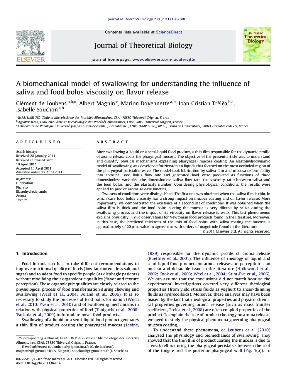 A biomechanical model of swallowing for understanding the influence of saliva and food bolus viscosity on flavor release