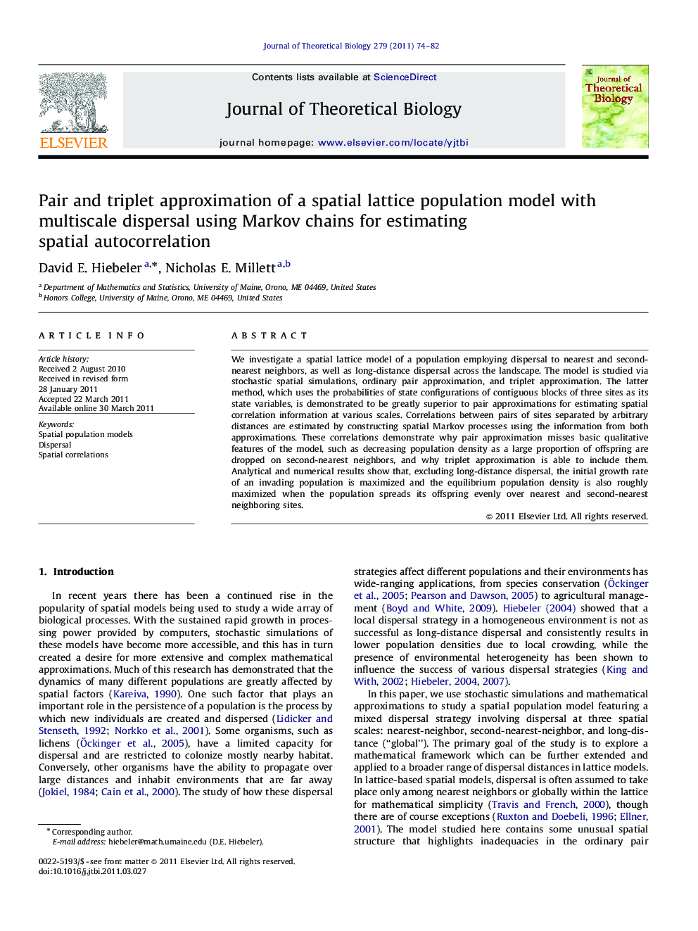 Pair and triplet approximation of a spatial lattice population model with multiscale dispersal using Markov chains for estimating spatial autocorrelation