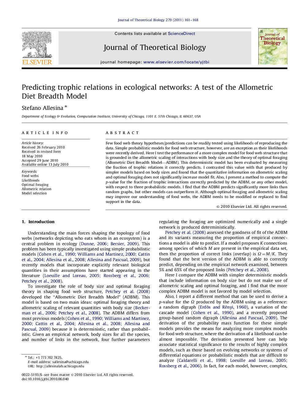 Predicting trophic relations in ecological networks: A test of the Allometric Diet Breadth Model