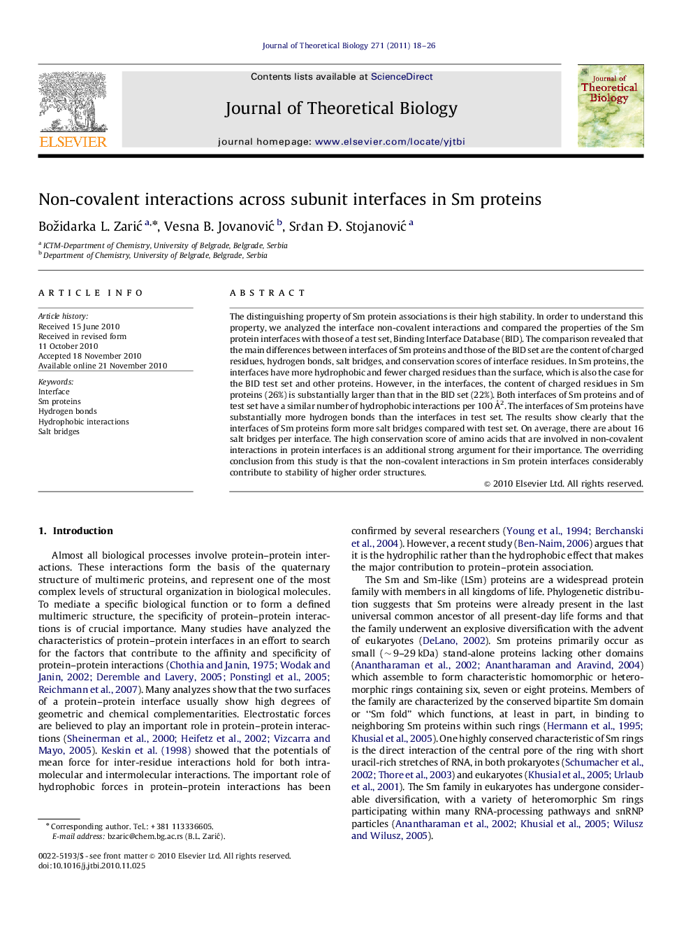 Non-covalent interactions across subunit interfaces in Sm proteins