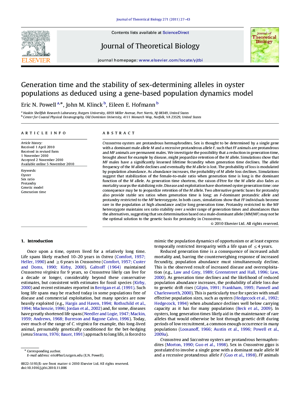 Generation time and the stability of sex-determining alleles in oyster populations as deduced using a gene-based population dynamics model