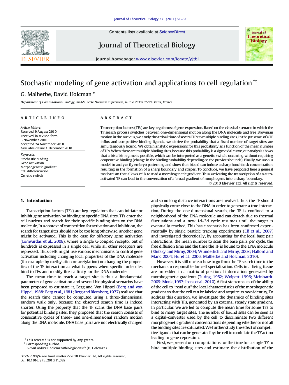 Stochastic modeling of gene activation and applications to cell regulation